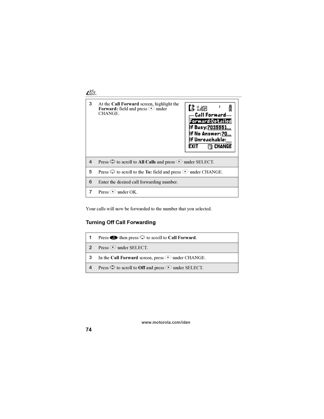 Motorola i85s manual Turning Off Call Forwarding, Change 