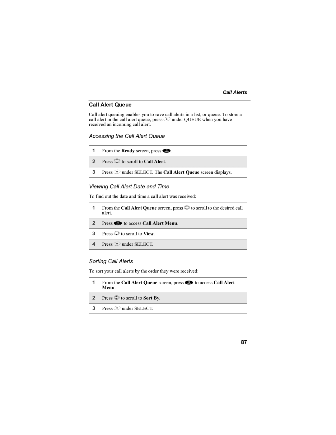 Motorola i85s manual Accessing the Call Alert Queue, Viewing Call Alert Date and Time, Sorting Call Alerts 