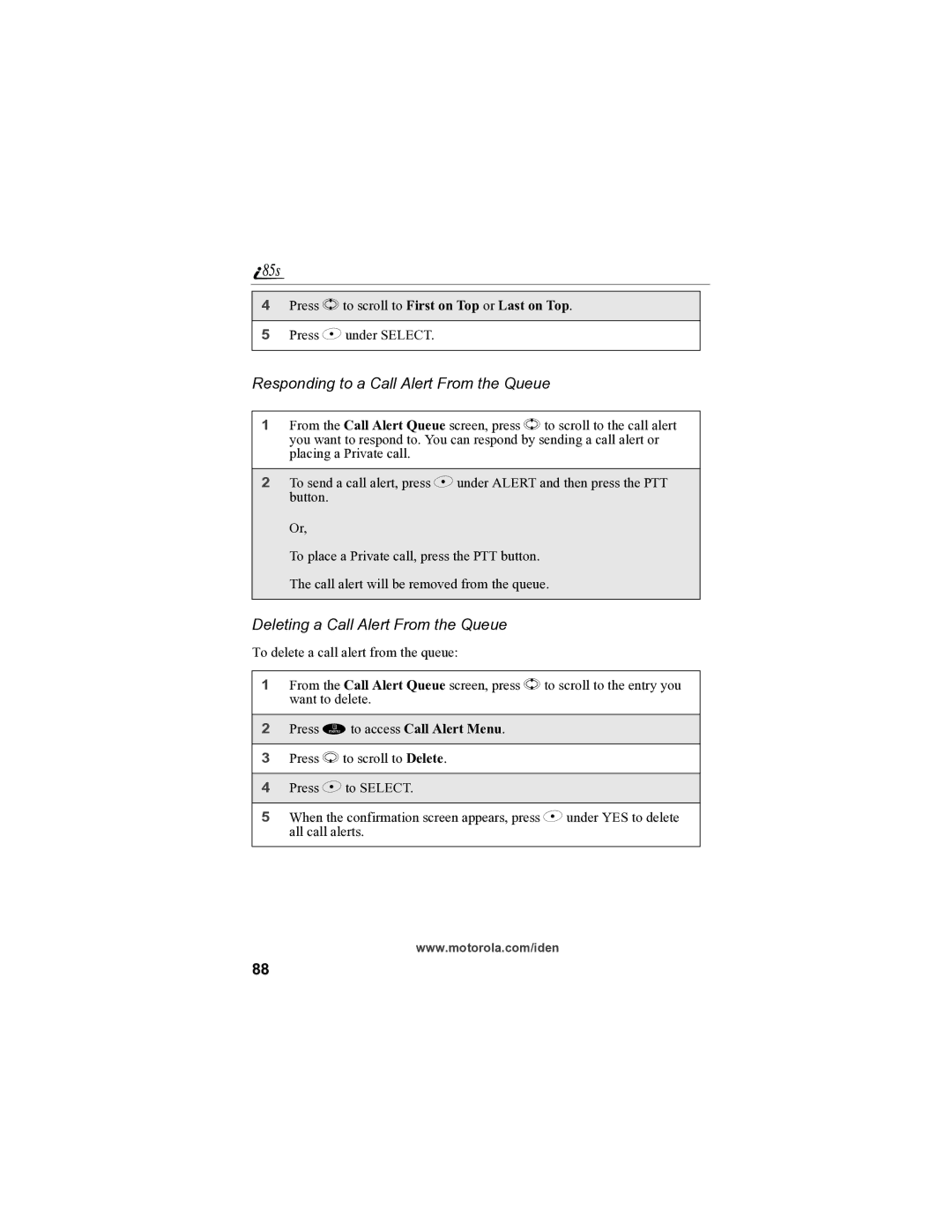 Motorola i85s manual Responding to a Call Alert From the Queue, Deleting a Call Alert From the Queue 