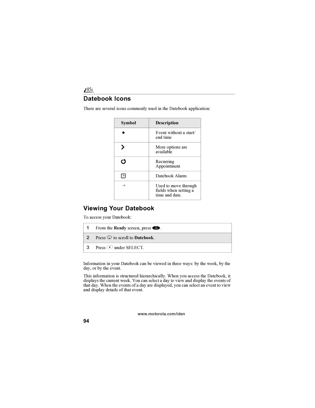 Motorola i85s manual Datebook Icons, Viewing Your Datebook, Symbol Description 