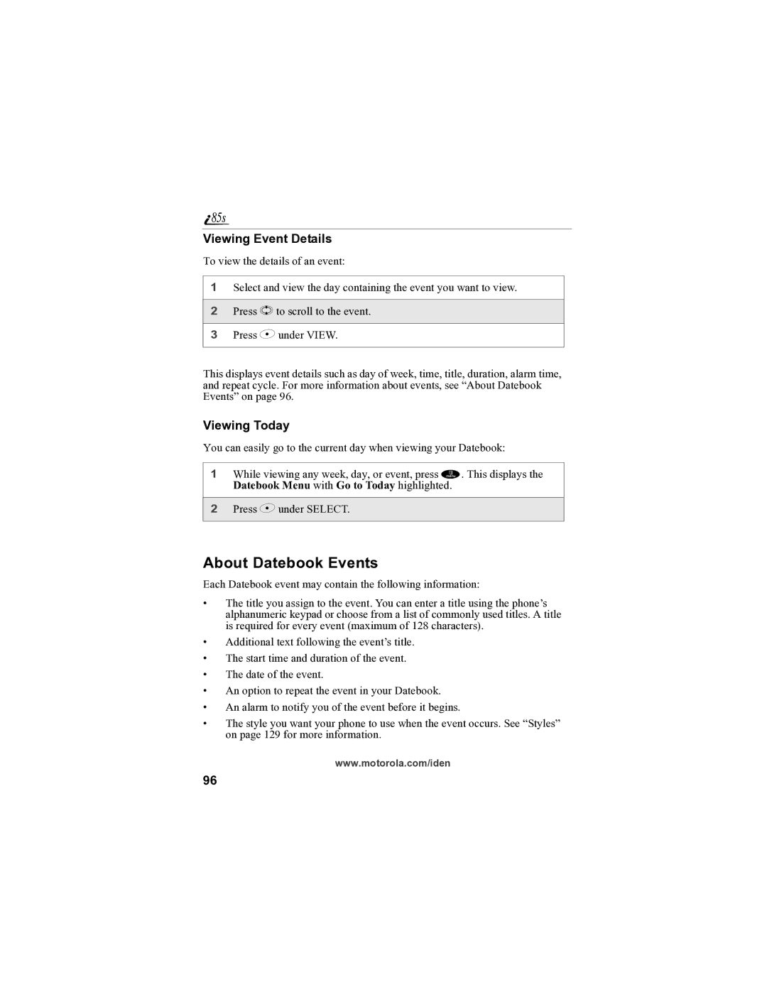 Motorola i85s manual About Datebook Events, Viewing Event Details, Viewing Today 