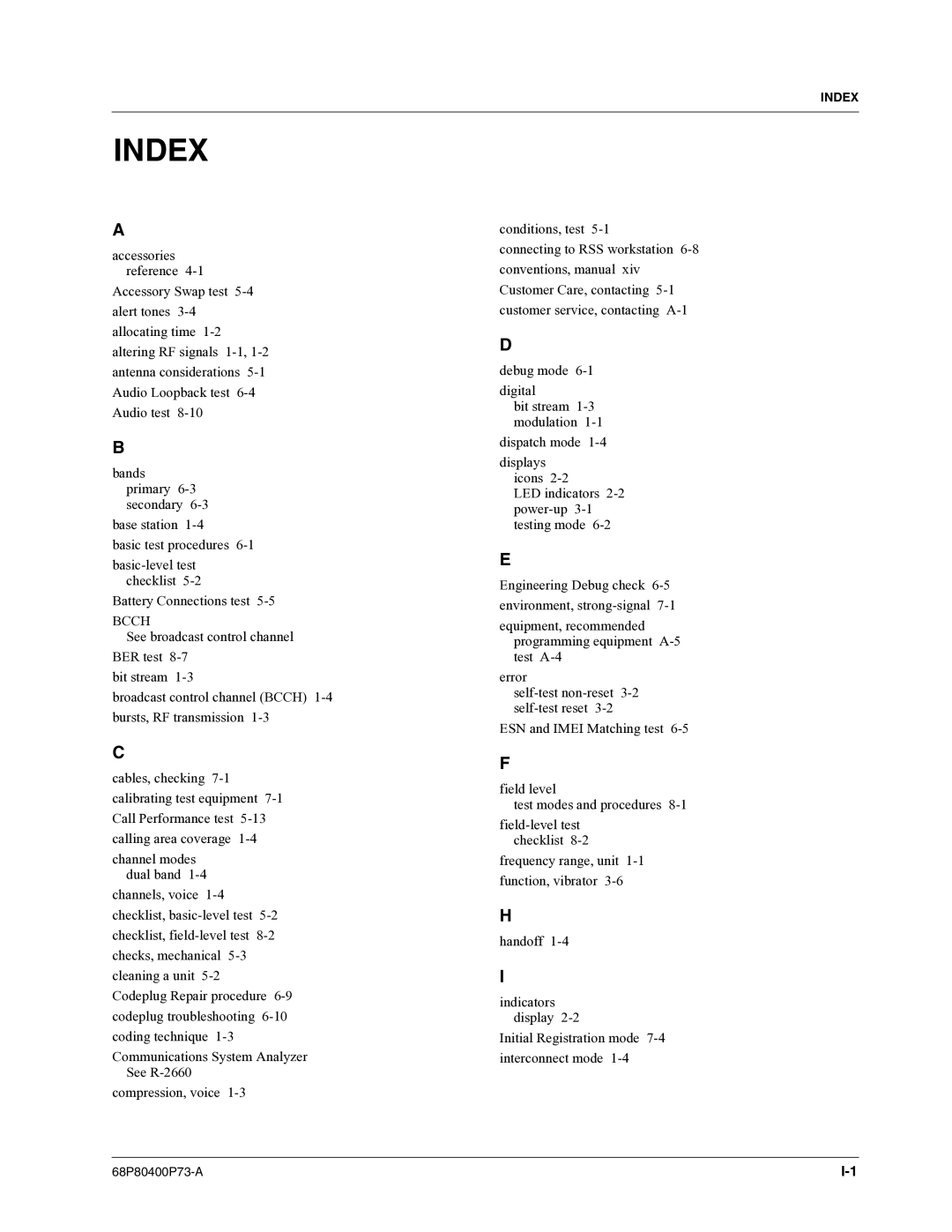 Motorola i860 manual Index, Bcch 