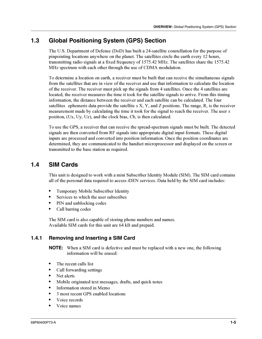 Motorola i860 manual Global Positioning System GPS Section, SIM Cards, Removing and Inserting a SIM Card 