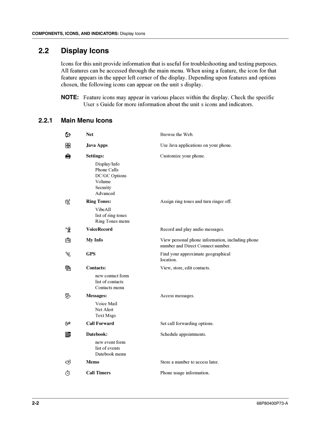 Motorola i860 manual Display Icons, Main Menu Icons 