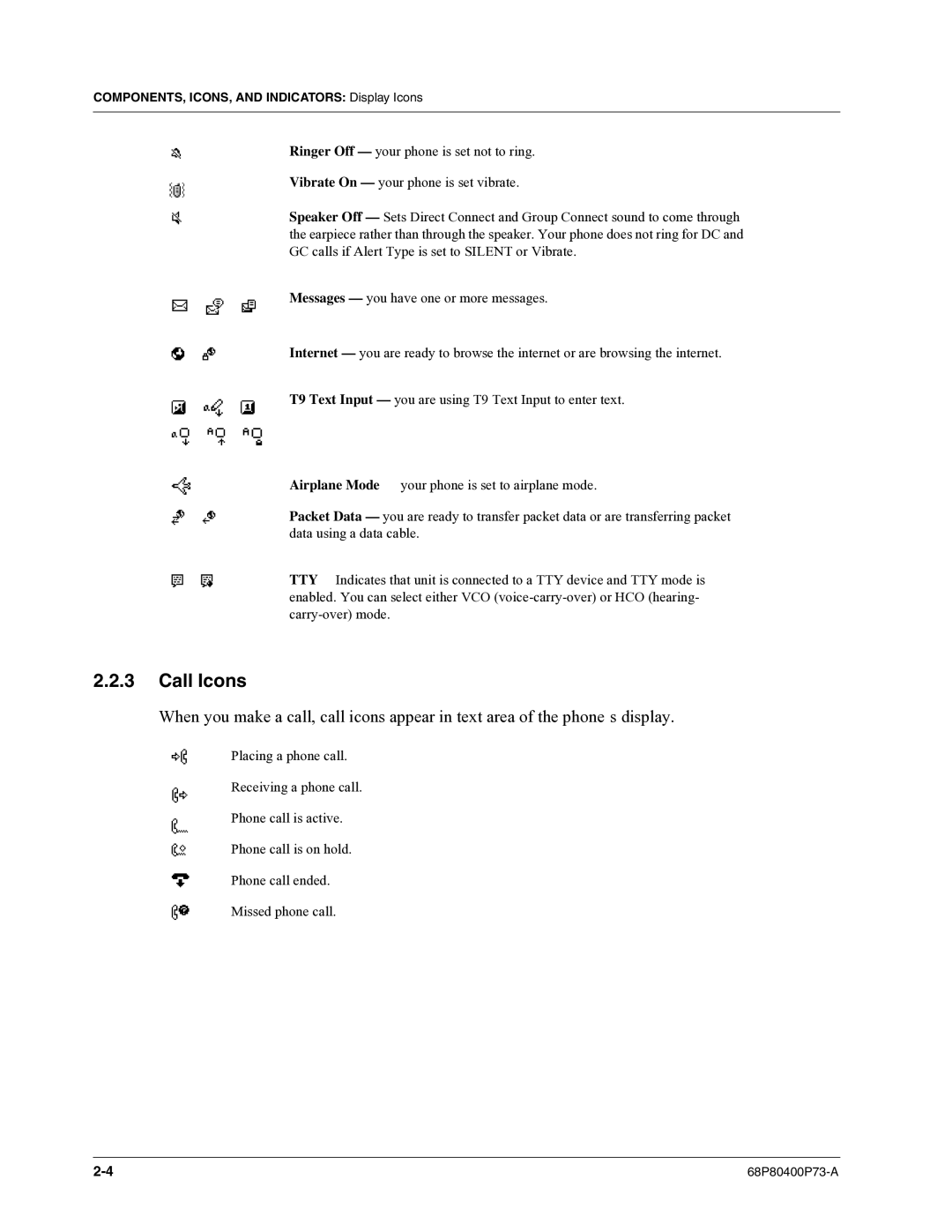 Motorola i860 manual Def, Call Icons 