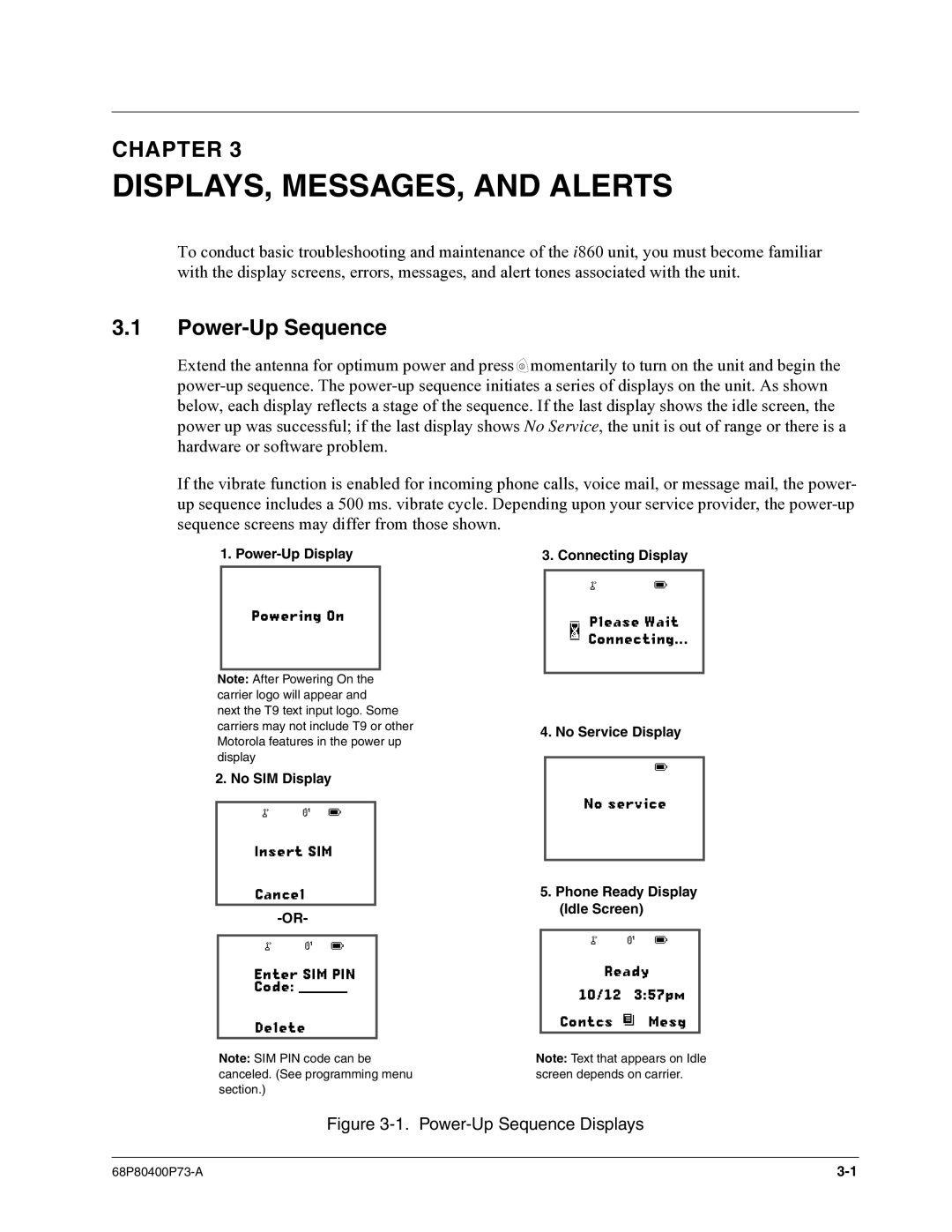 Motorola i860 manual DISPLAYS, MESSAGES, and Alerts, Power-Up Sequence 