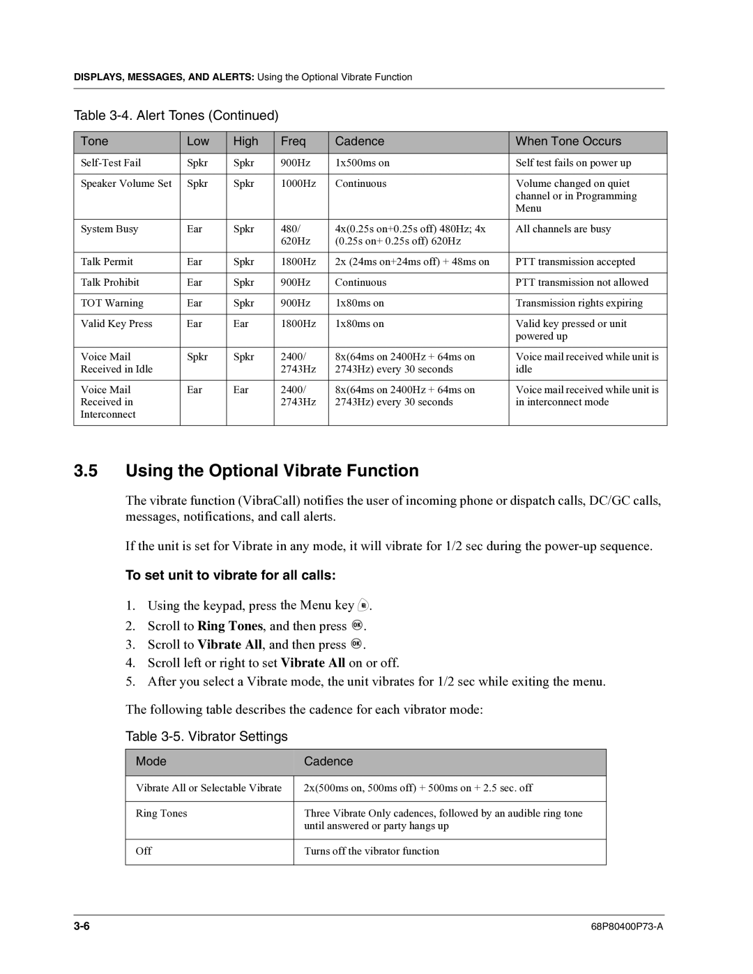 Motorola i860 Using the Optional Vibrate Function, To set unit to vibrate for all calls, Vibrator Settings, Mode Cadence 