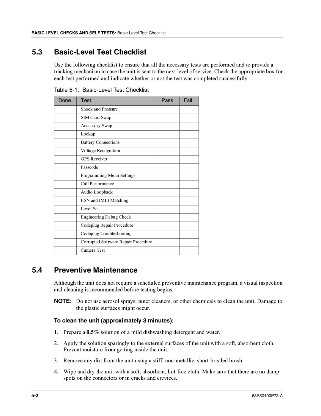 Motorola i860 manual Basic-Level Test Checklist, Preventive Maintenance, To clean the unit approximately 3 minutes 