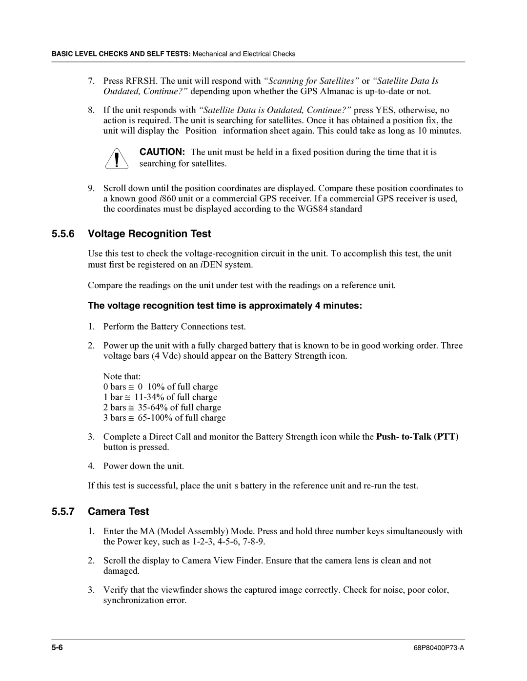 Motorola i860 manual Voltage Recognition Test, Camera Test, Voltage recognition test time is approximately 4 minutes 