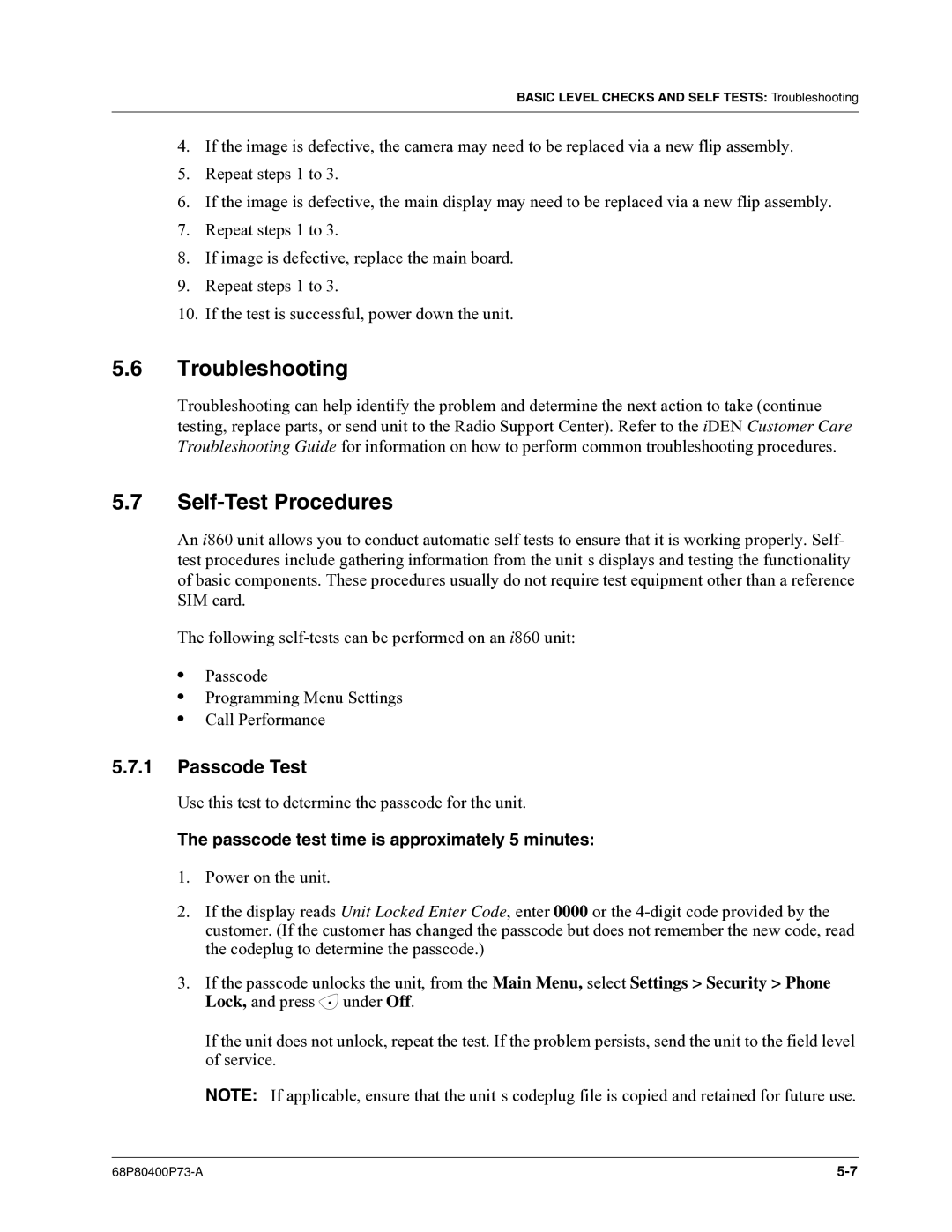 Motorola i860 manual Troubleshooting, Self-Test Procedures, Passcode Test, Passcode test time is approximately 5 minutes 