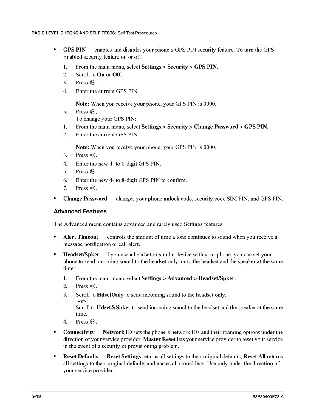 Motorola i860 manual Advanced Features, From the main menu, select Settings Advanced Headset/Spker 