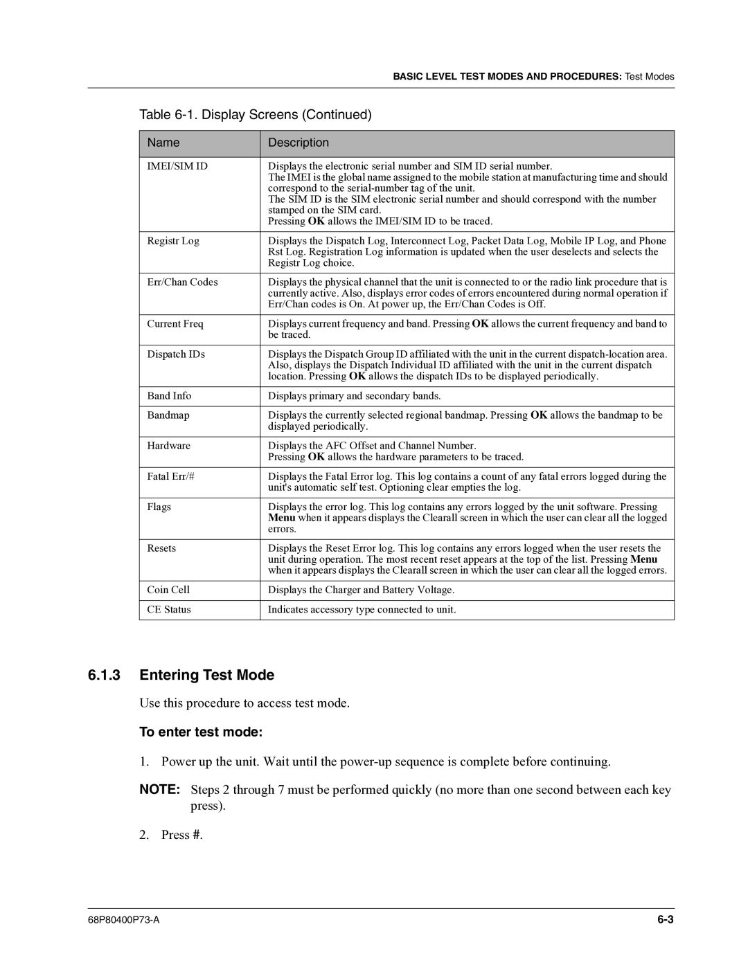 Motorola i860 manual Entering Test Mode, To enter test mode 