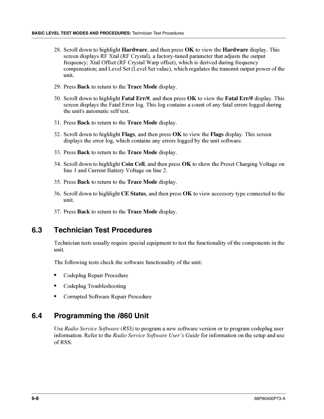 Motorola i860 manual Technician Test Procedures, Programming the i 860 Unit 