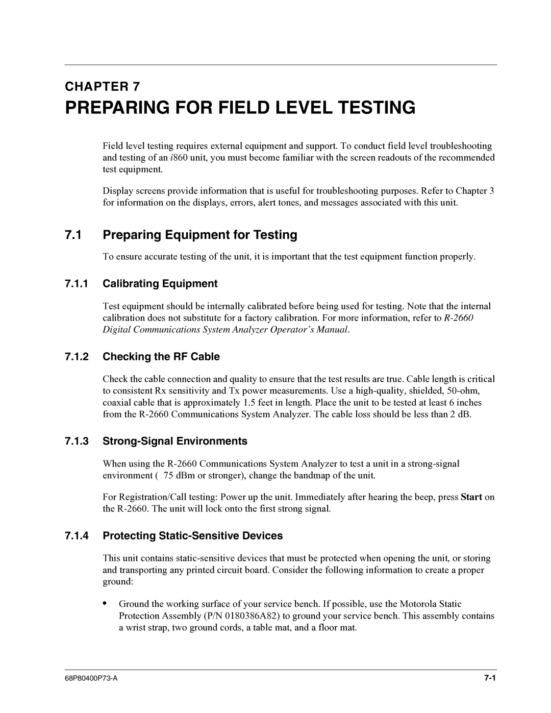 Motorola i860 manual Preparing for Field Level Testing, Preparing Equipment for Testing 