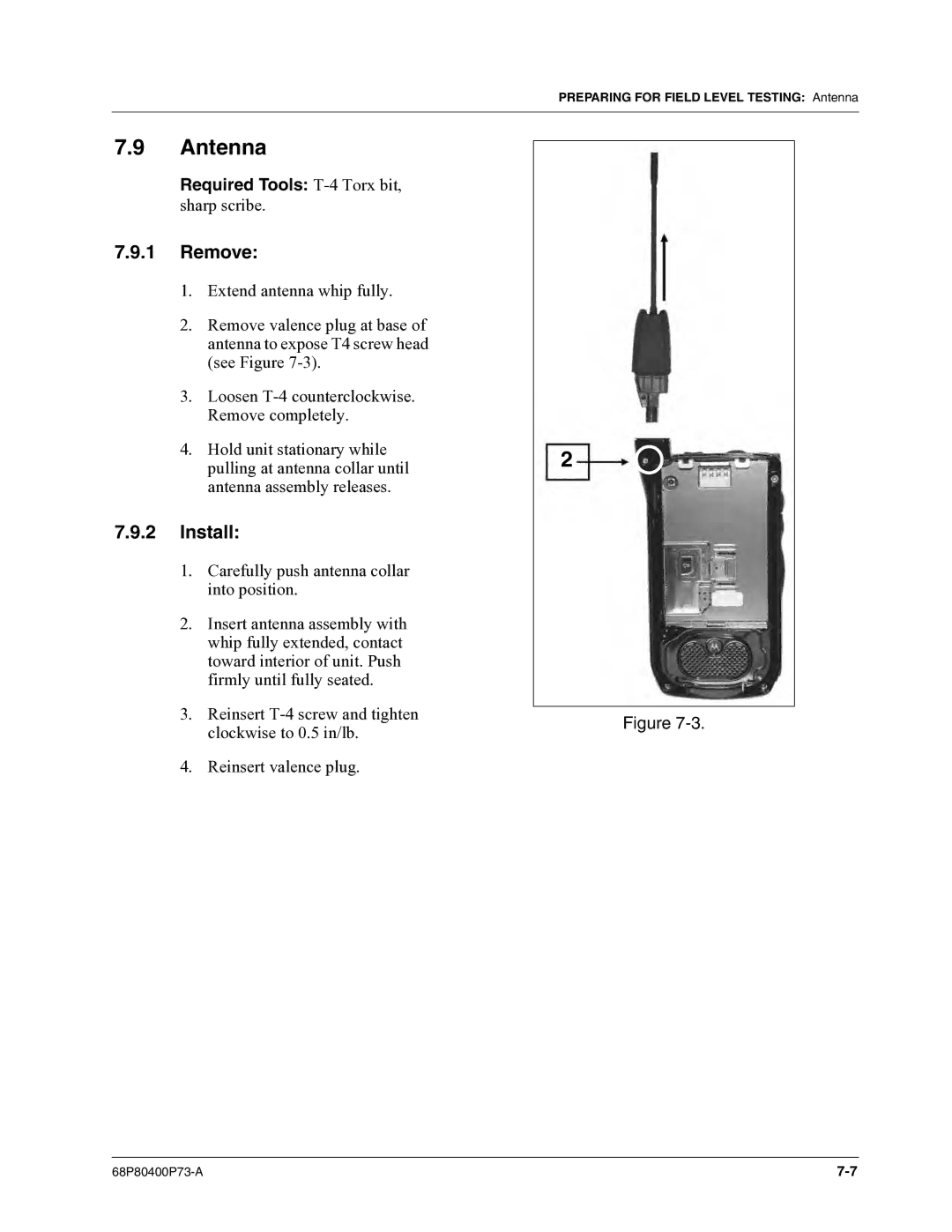 Motorola i860 manual Antenna, Required Tools T-4 Torx bit 