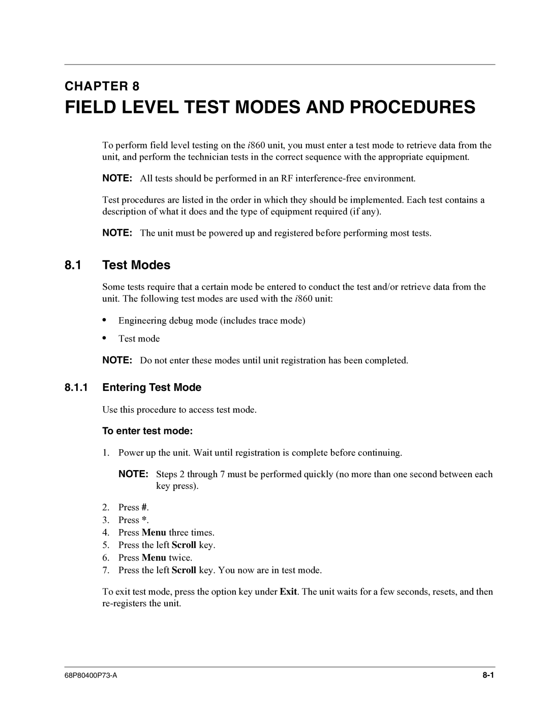 Motorola i860 manual Field Level Test Modes and Procedures 