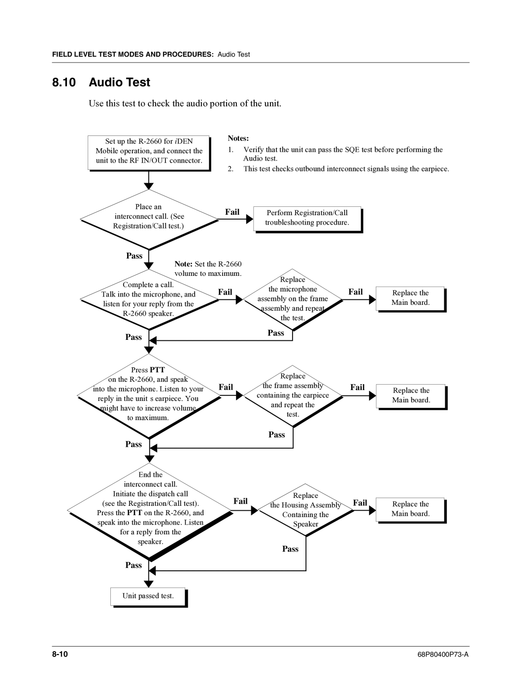 Motorola i860 manual Audio Test, Use this test to check the audio portion of the unit 