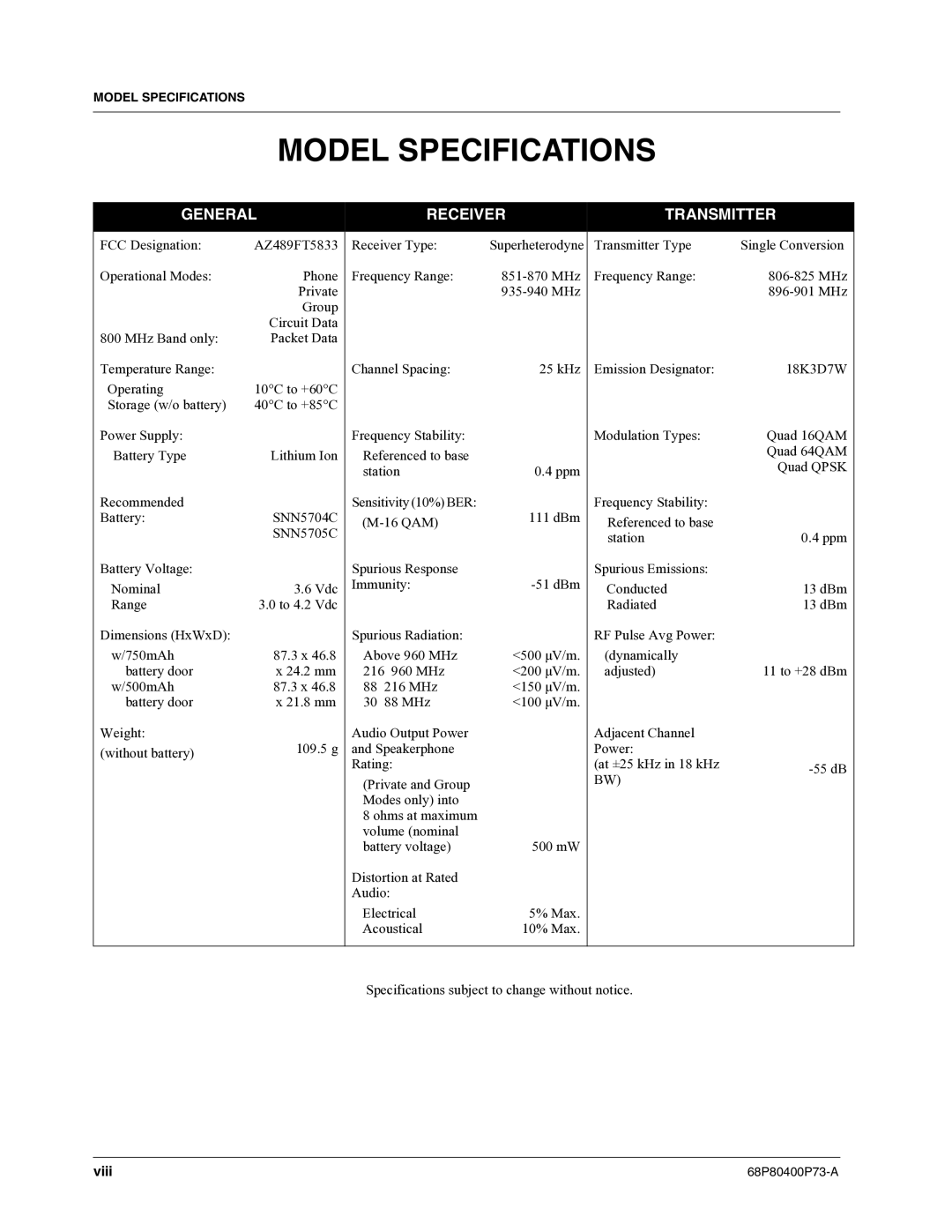 Motorola i860 manual Model Specifications, General Receiver Transmitter 