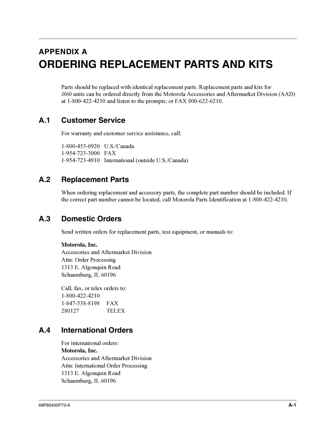 Motorola i860 manual Ordering Replacement Parts and Kits, Customer Service, Domestic Orders, International Orders 