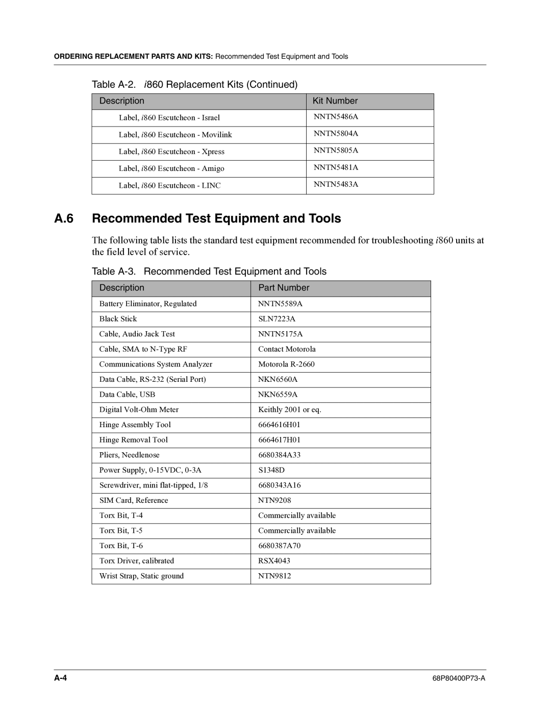 Motorola i860 manual Table A-3. Recommended Test Equipment and Tools, Description Part Number 