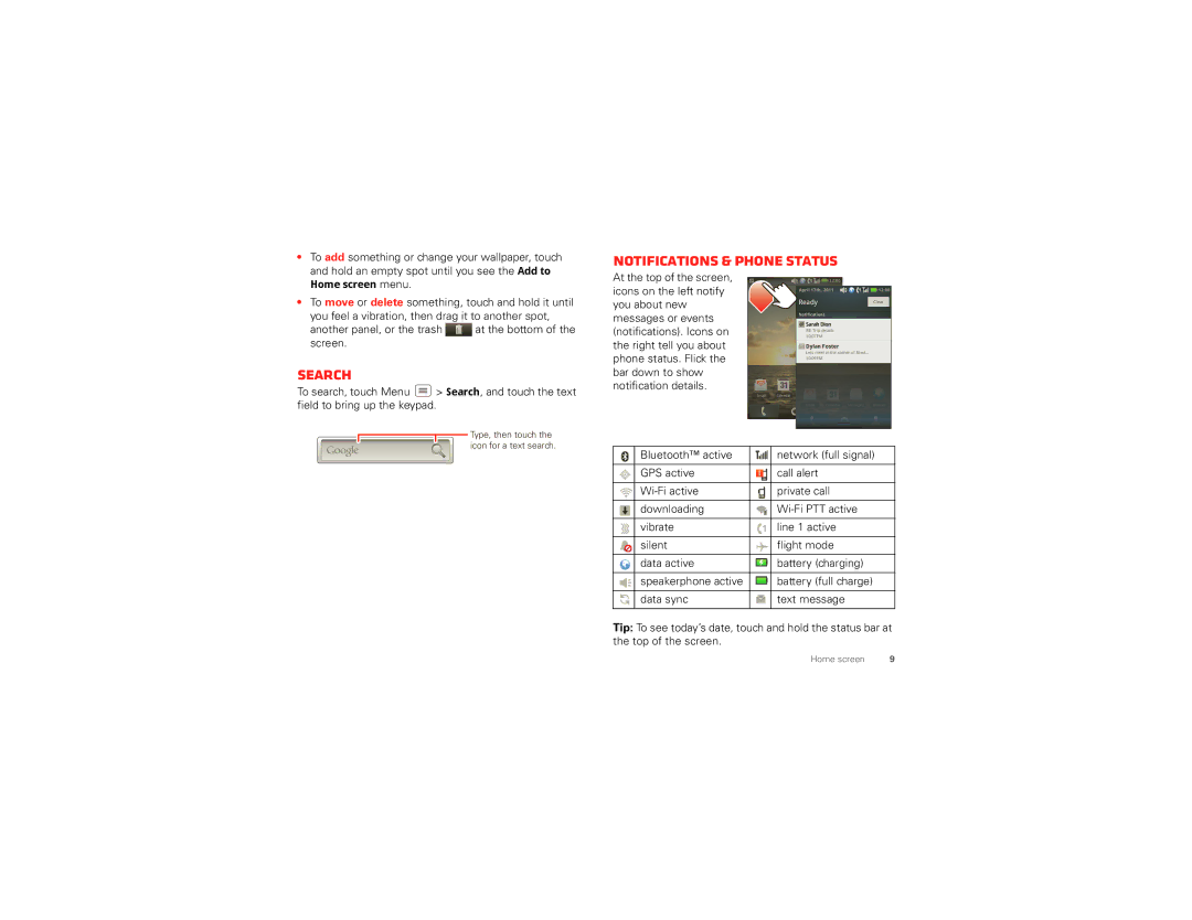 Motorola I867 manual Notifications & phone status, Search, You feel a vibration, then drag it to another spot, Screen 