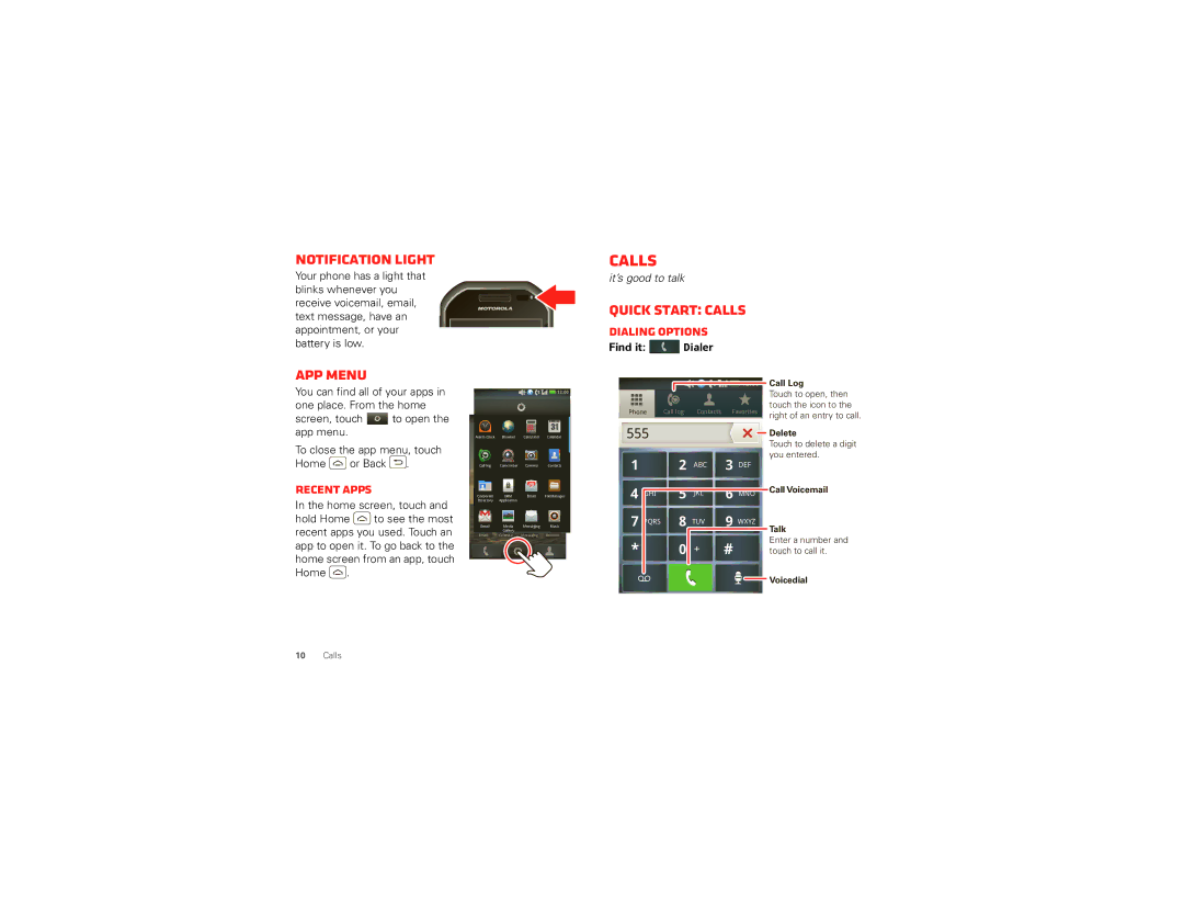 Motorola I867 manual Notification light, App menu, Quick start Calls 