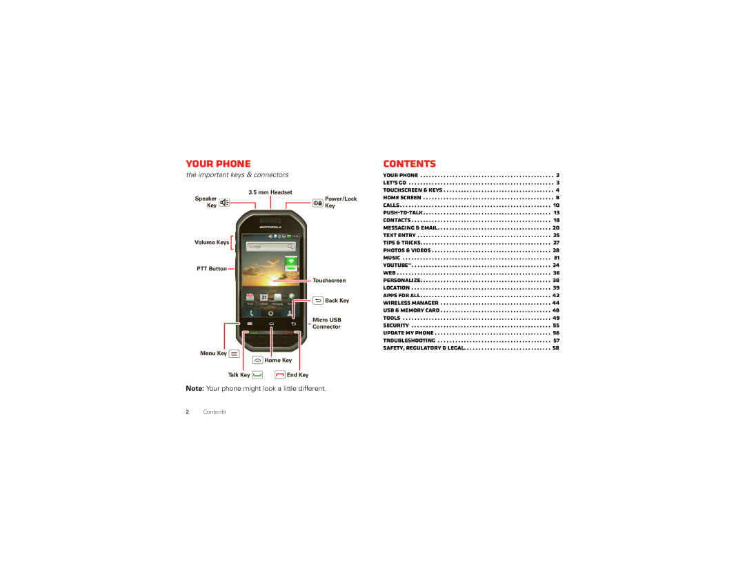 Motorola I867 manual Your phone, Contents 