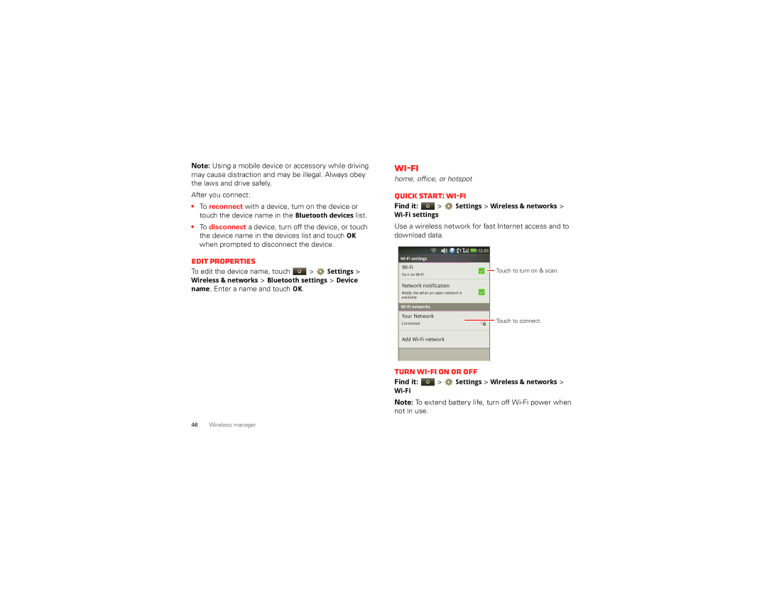 Motorola I867 manual Edit properties, Quick start Wi-Fi, Turn Wi-Fi on or off, After you connect 