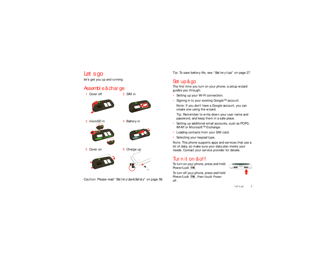 Motorola I867 manual Let’s go, Assemble & charge, Set up & go, Turn it on & off 