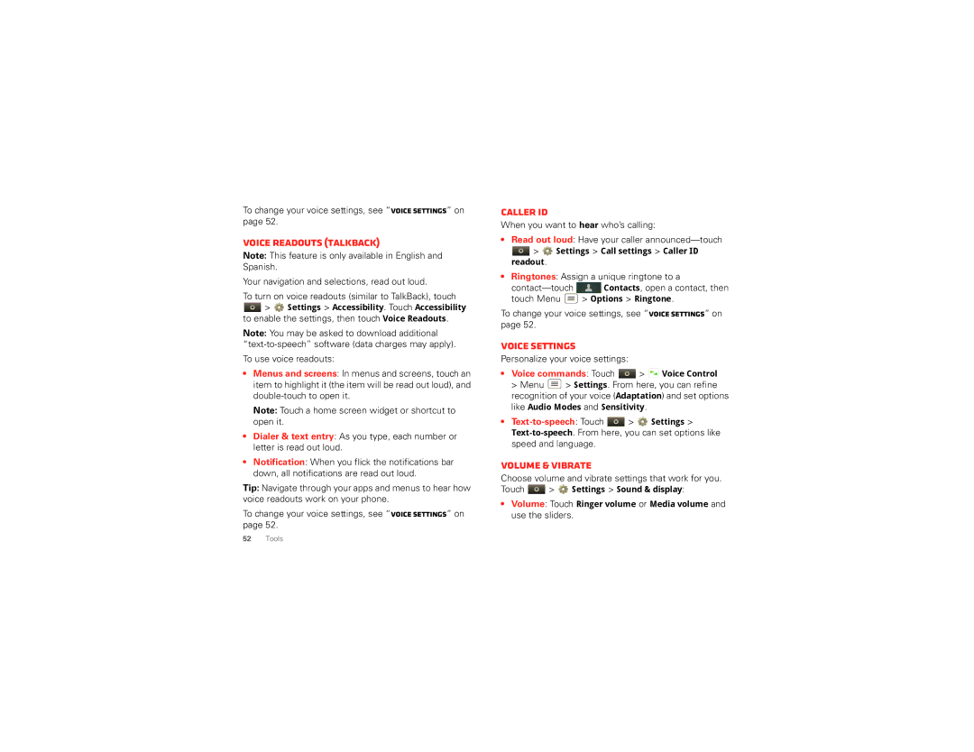 Motorola I867 manual Voice readouts TalkBack, Caller ID, Voice settings, Volume & vibrate 