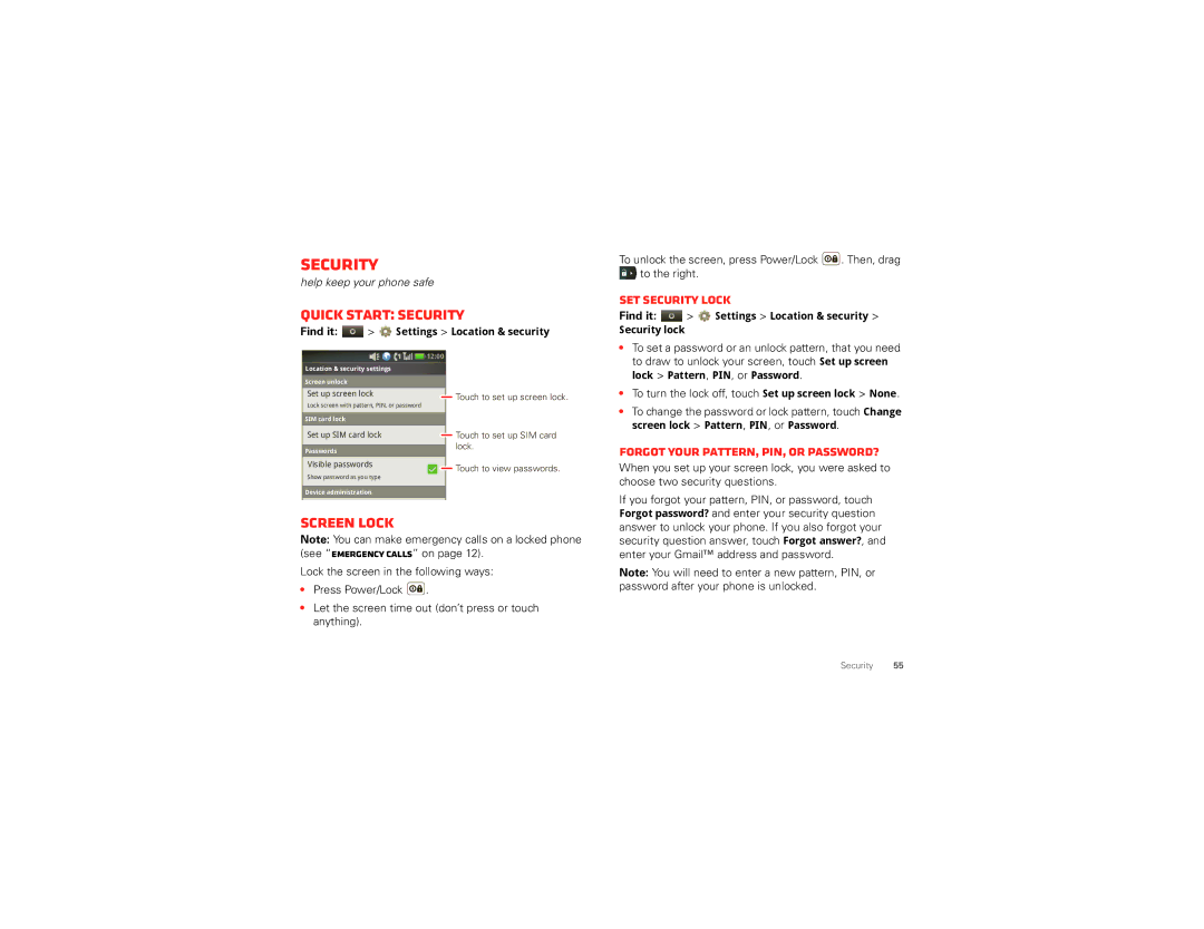 Motorola I867 manual Quick start Security, Screen lock, Set security lock, Forgot your pattern, PIN, or password? 