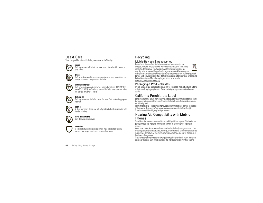 Motorola I867 manual Use & Care, Recycling, California Perchlorate Label, Hearing Aid Compatibility with Mobile Phones 