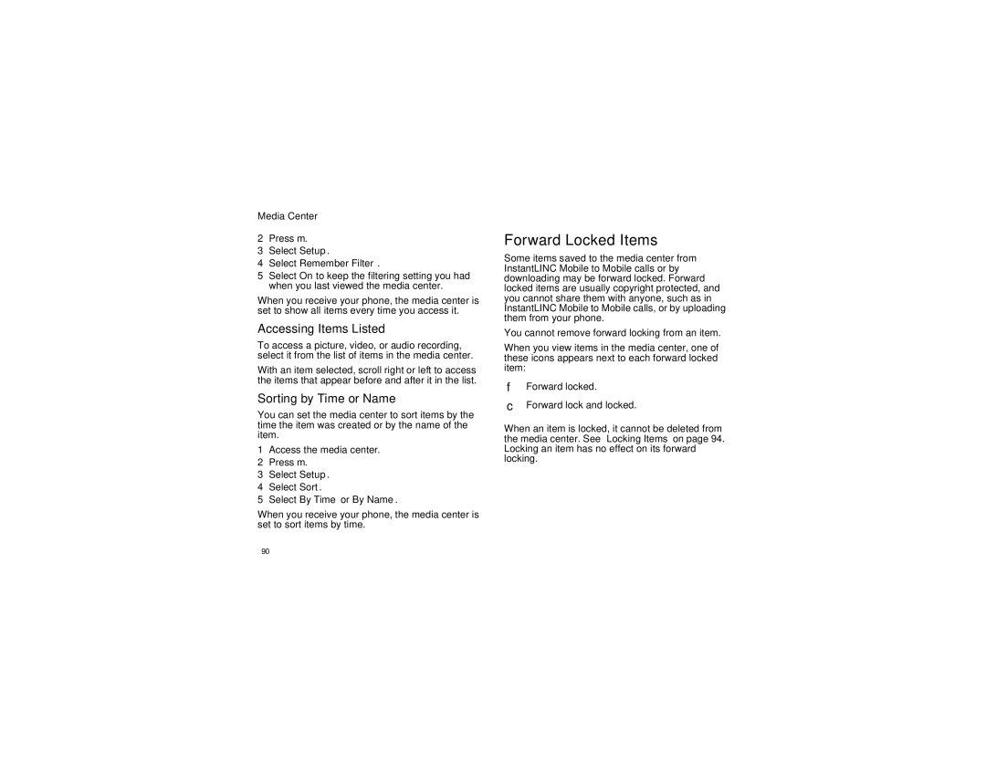 Motorola i870 manual Forward Locked Items, Accessing Items Listed, Sorting by Time or Name, Media Center 