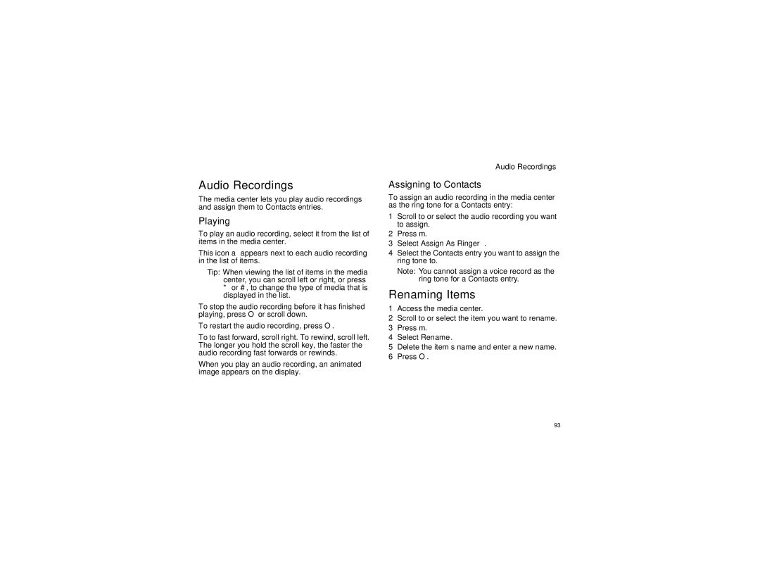 Motorola i870 manual Audio Recordings, Renaming Items, Select Assign As Ringer 