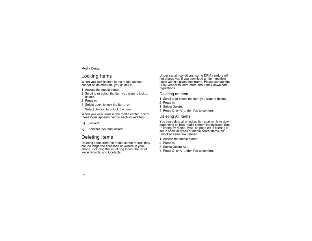 Motorola i870 manual Locking Items, Deleting an Item, Deleting All Items 