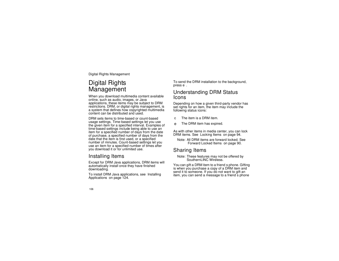 Motorola i870 manual Digital Rights Management, Installing Items, Understanding DRM Status Icons, Sharing Items 