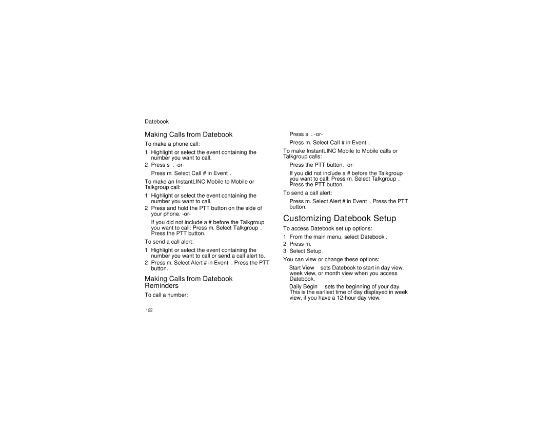 Motorola i870 manual Customizing Datebook Setup, Making Calls from Datebook Reminders 