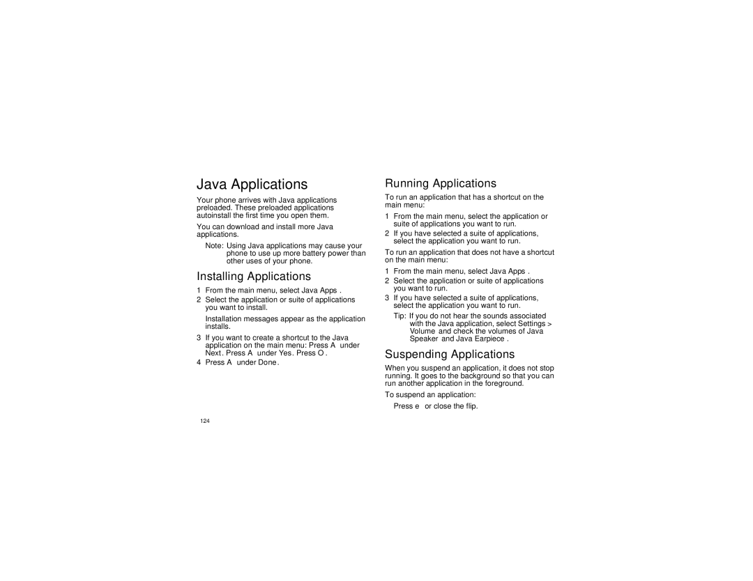 Motorola i870 manual Java Applications, Installing Applications, Running Applications, Suspending Applications 