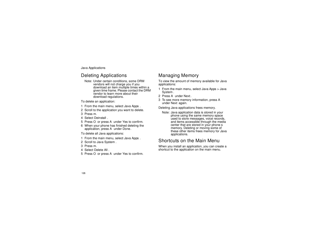 Motorola i870 manual Deleting Applications, Shortcuts on the Main Menu, Java Applications, Select Deinstall 