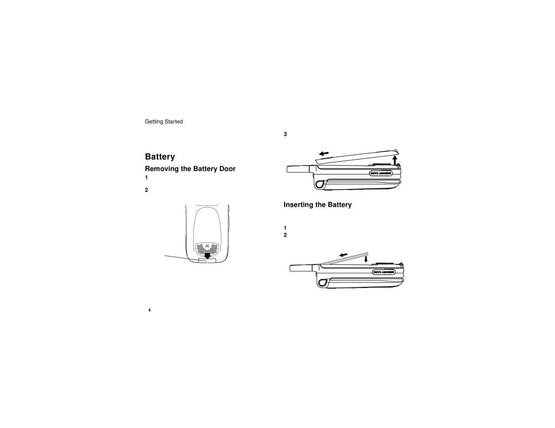 Motorola i870 manual Removing the Battery Door, Inserting the Battery 