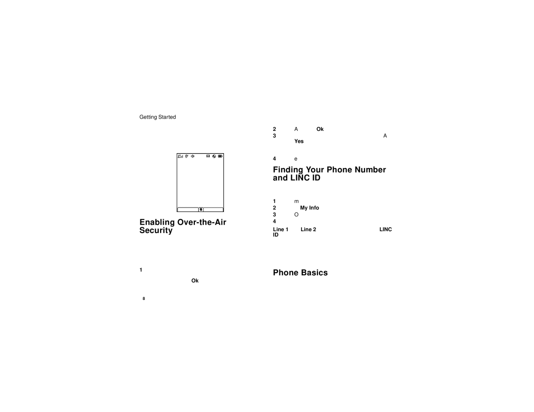 Motorola i870 manual Enabling Over-the-Air Security, Finding Your Phone Number and Linc ID, Phone Basics 