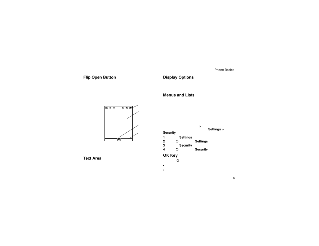 Motorola i870 manual Flip Open Button, Text Area, Display Options, Menus and Lists, OK Key 