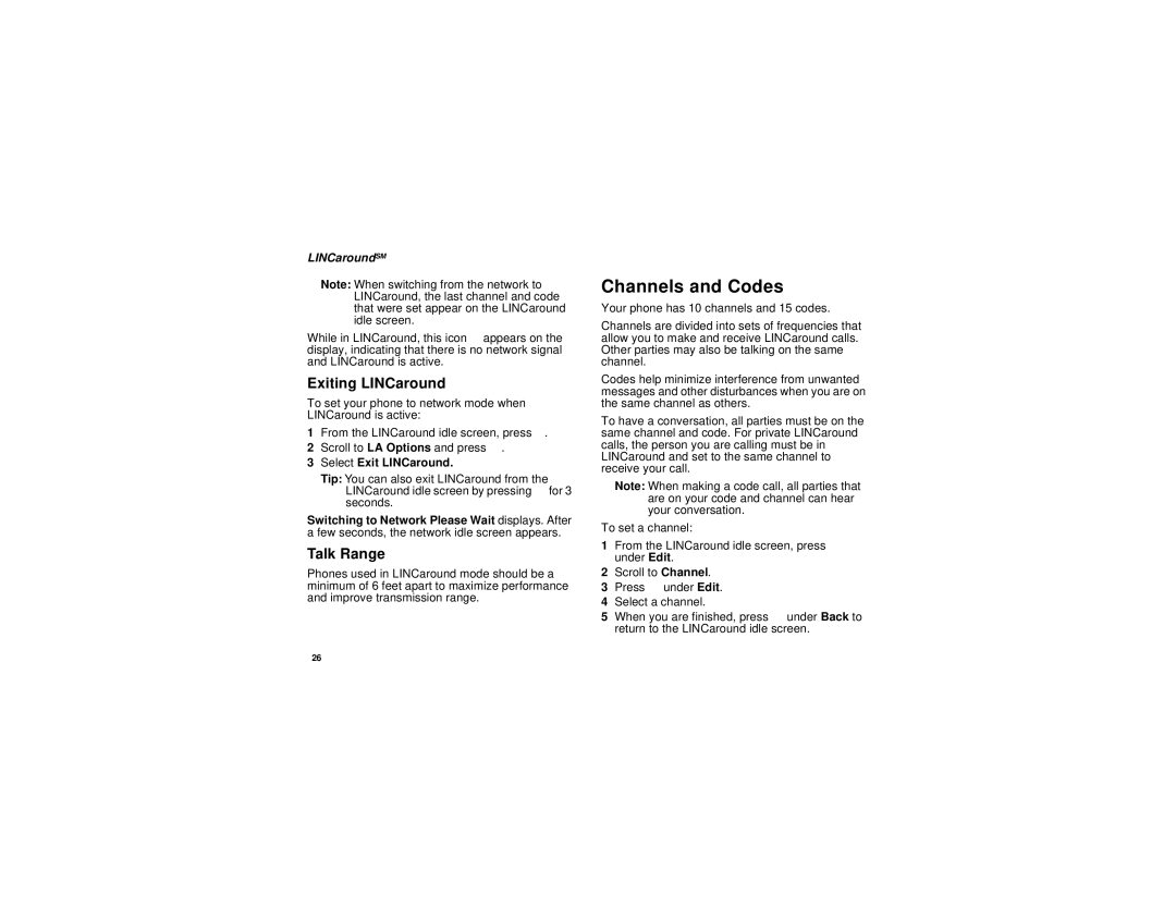 Motorola i870 manual Channels and Codes, Exiting LINCaround, Talk Range, LINCaroundSM, Select Exit LINCaround 