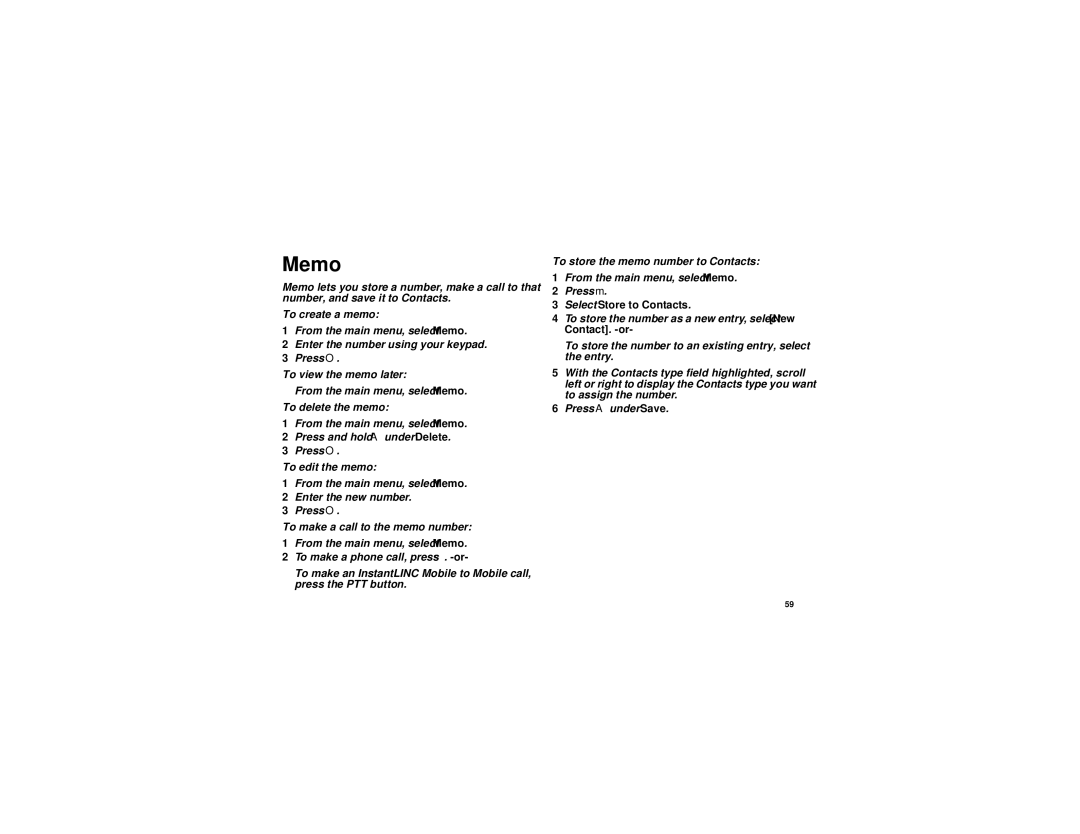 Motorola i870 manual Memo, Select Store to Contacts 