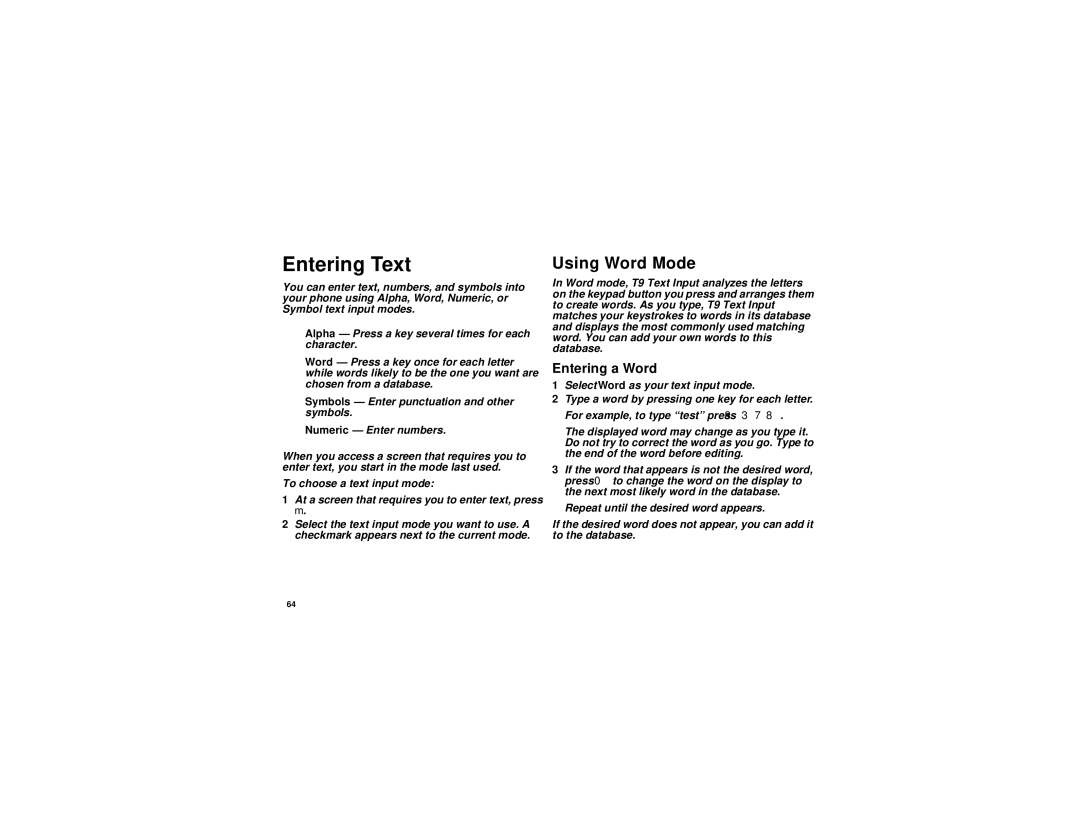 Motorola i870 manual Entering Text, Using Word Mode, Entering a Word 