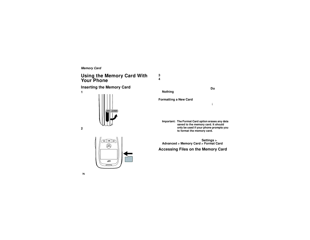 Motorola i870 manual Using the Memory Card With Your Phone, Inserting the Memory Card, Accessing Files on the Memory Card 