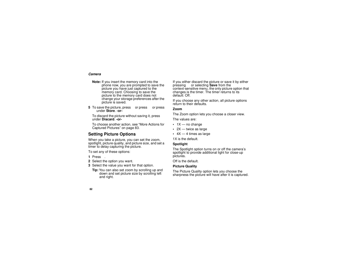 Motorola i870 manual Setting Picture Options, Camera 