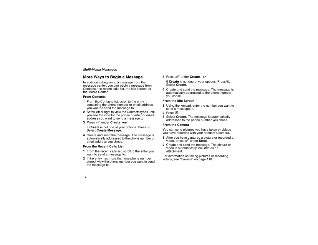 Motorola i875 manual More Ways to Begin a Message, From Contacts, From the Recent Calls List, From the Idle Screen 