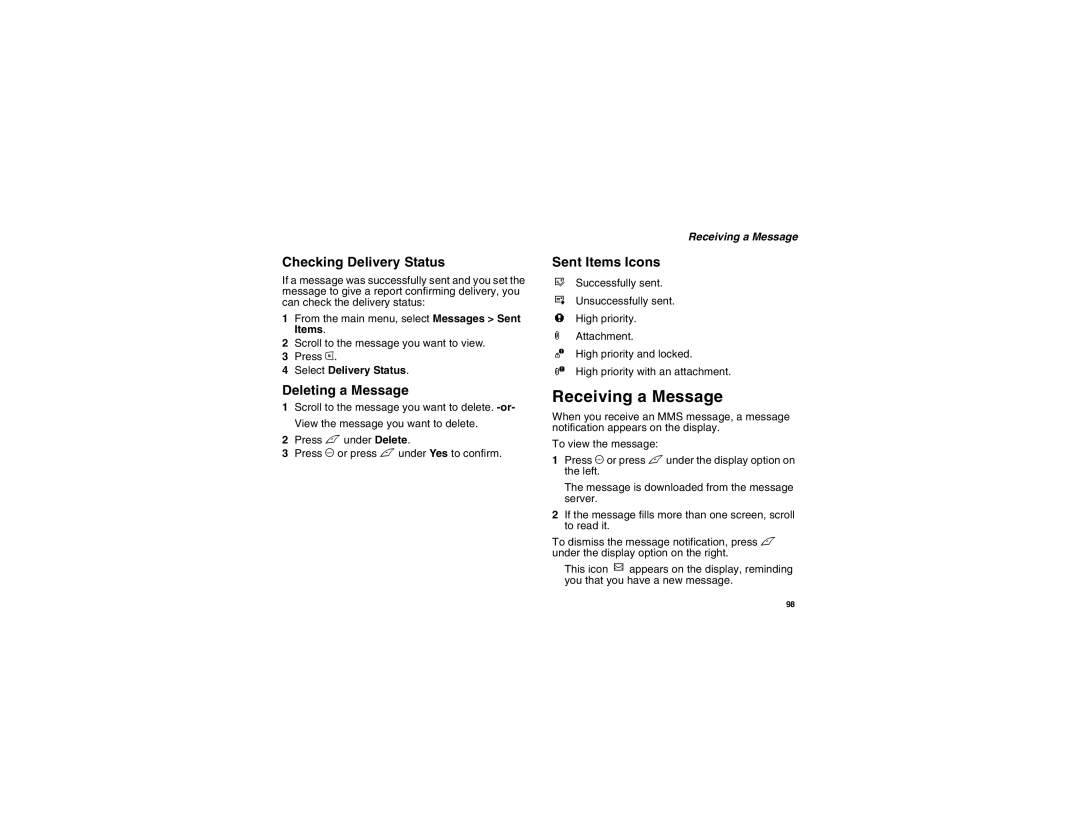 Motorola i875 manual Receiving a Message, Checking Delivery Status, Deleting a Message, Sent Items Icons 