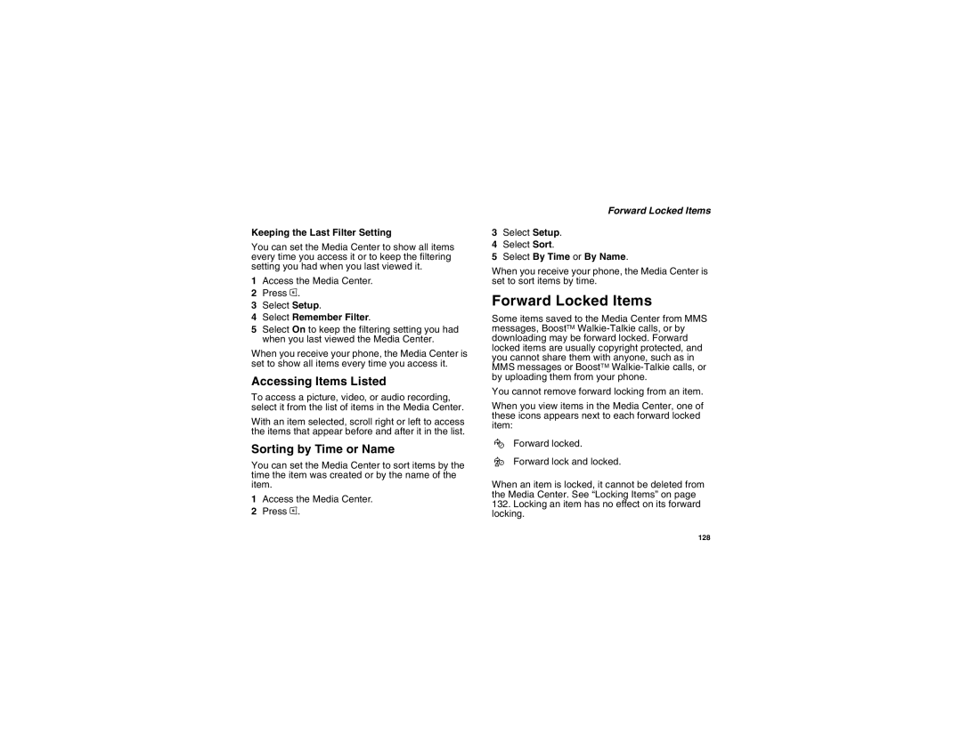 Motorola i875 manual Forward Locked Items, Accessing Items Listed, Sorting by Time or Name 